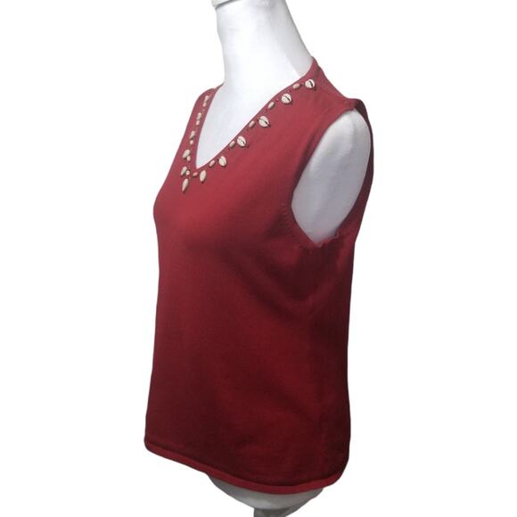 VNTG Dress Barn Red Spun Silk Blend Tank Top Size 10 Seashell Trim Nautical - Picture 7 of 9